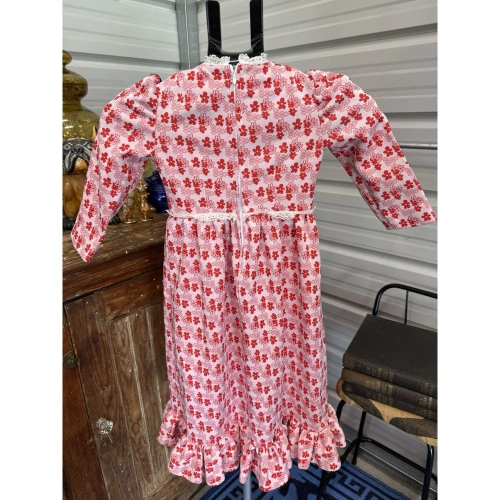 Vintage Handmade Little House Prairie Girls Dress Pink Red Floral Lace 4T